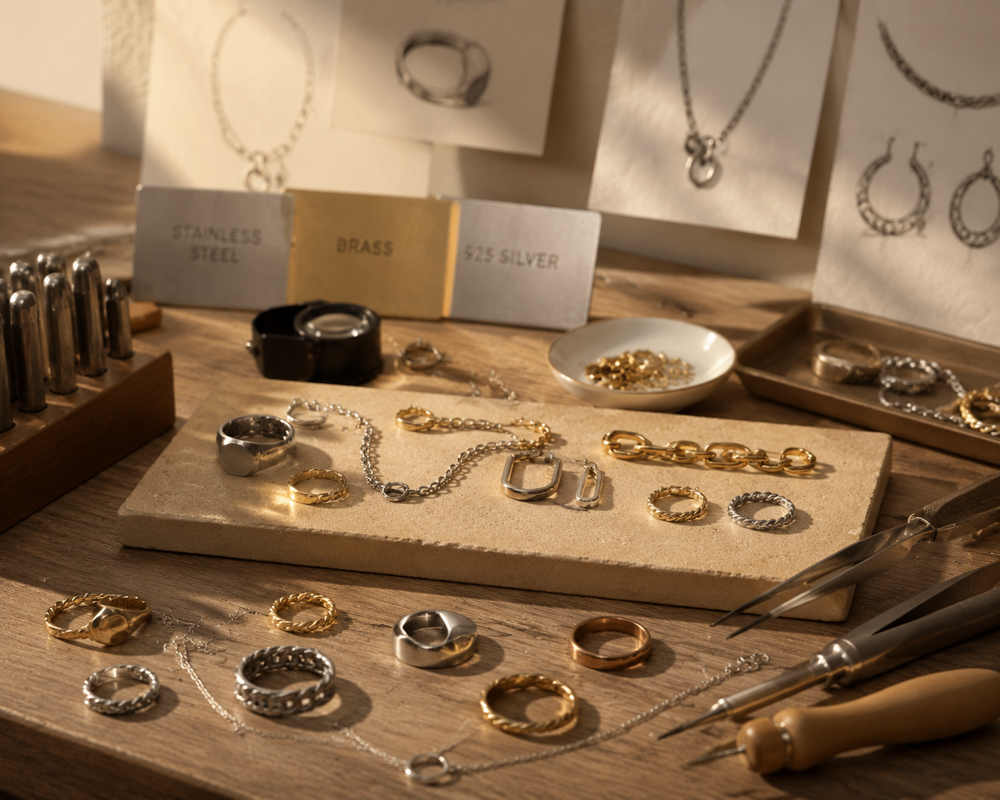 High-end editorial photography of a master craftsman's tools and polished metal jewelry pieces on a workbench in a bright workshop.